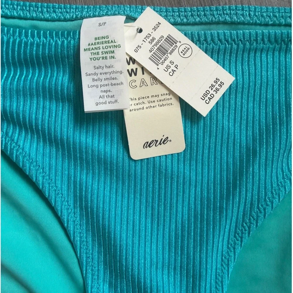 Aerie Real Good Ribbed Bikini Bottom Teal Blue Swimwear Womens S